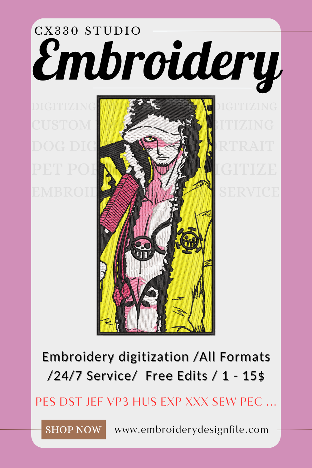 Trafalgar D. Water Law One Piece Embroidery machine Design file