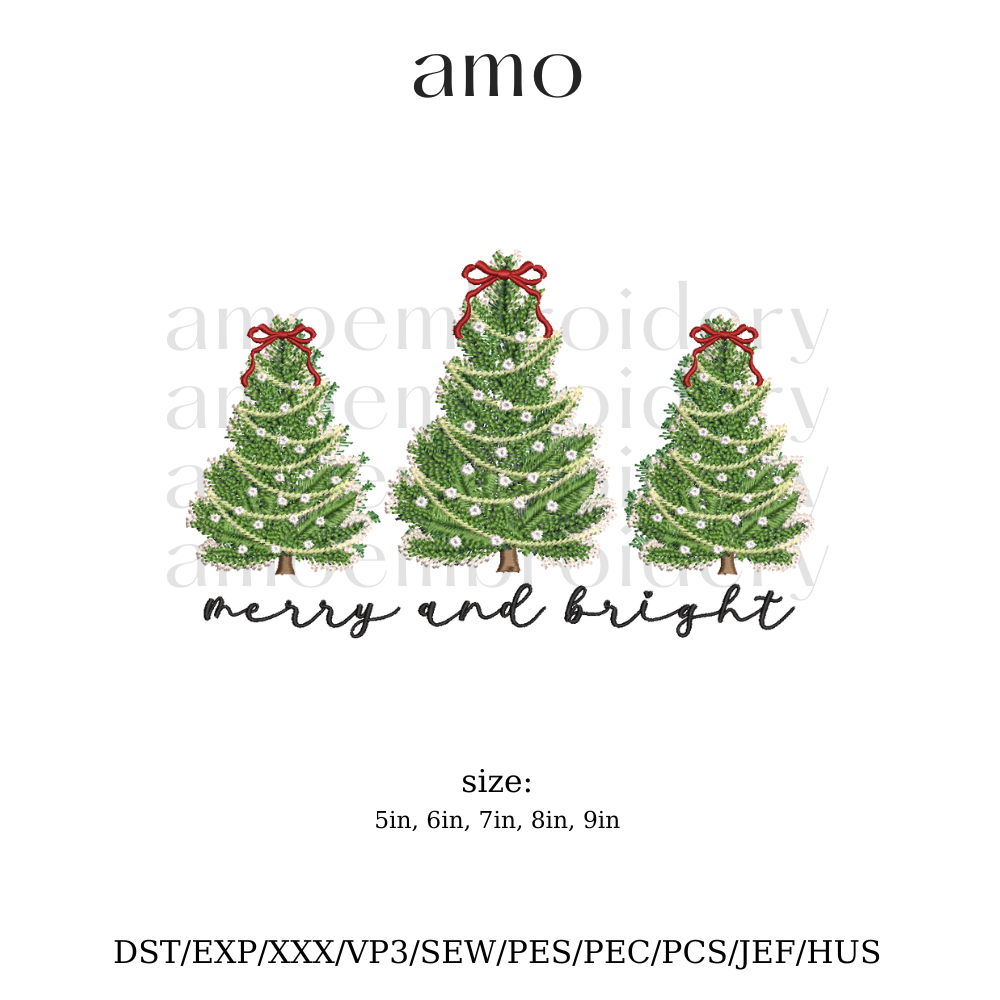 Merry and bright Christmas tree embroidery design digital file