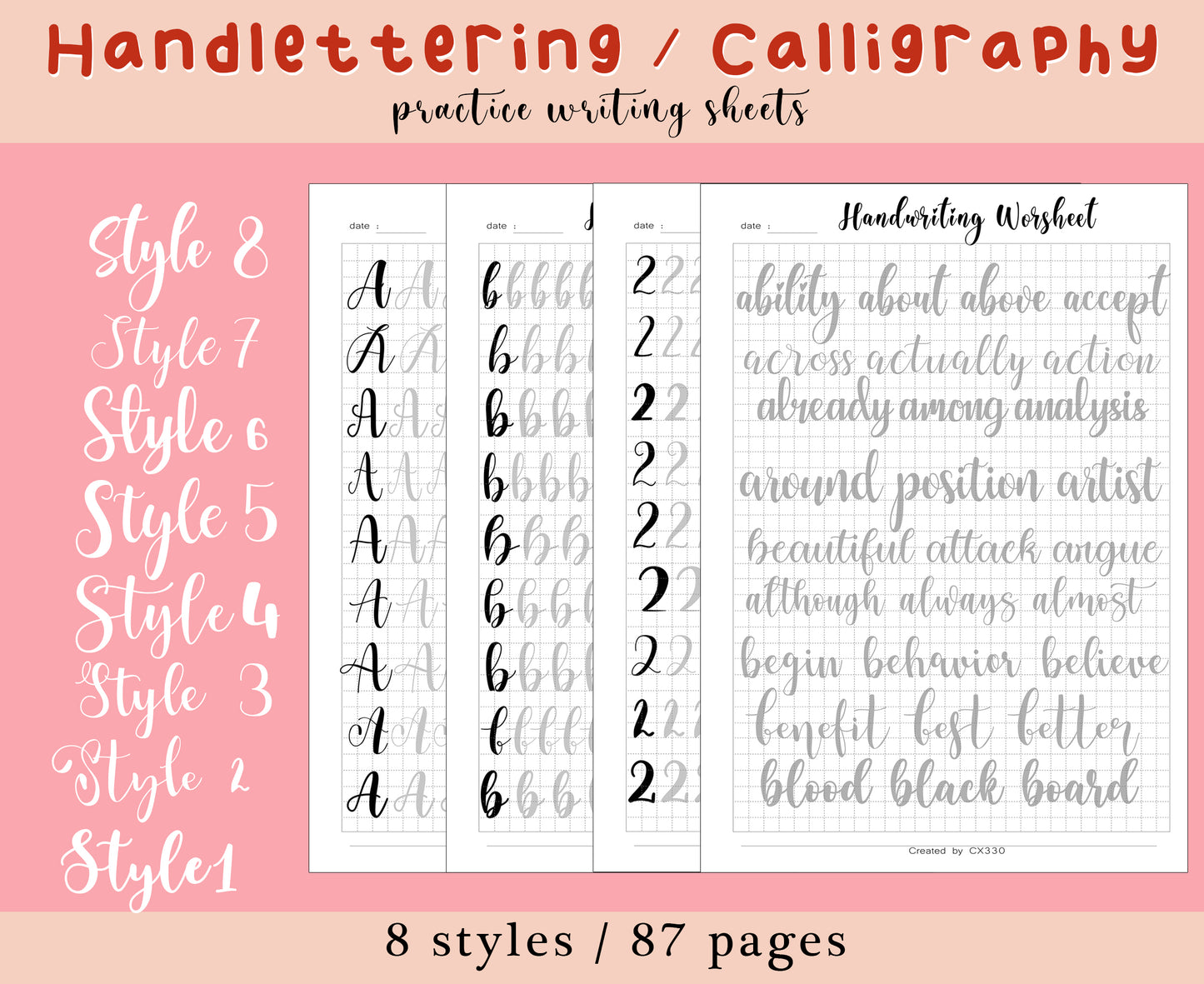 z 8 style Handlettering Practice Sheets, 87 pages, Practice Worksheets