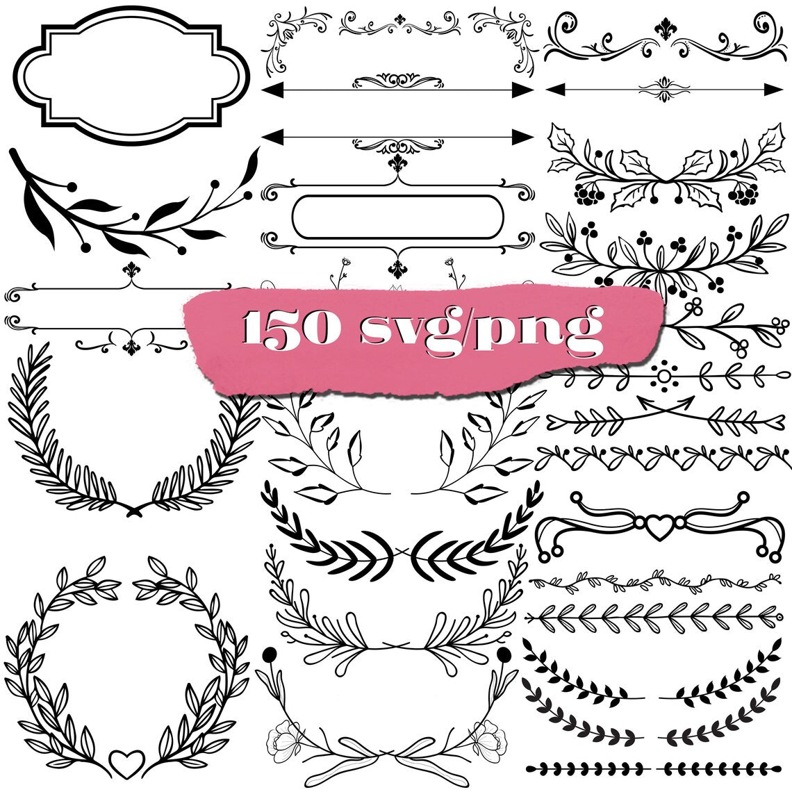 Svg heart, leaves, borders, wreath cricut